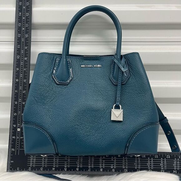 MICHAEL KORS Teal Mercer Leather Satchel Crossbody Handbag Selma Raven - Picture 10 of 13